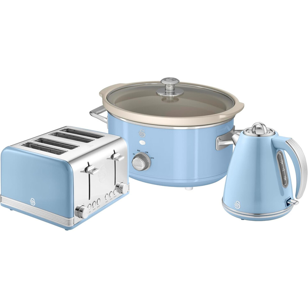 SWAN Retro Blue Kettle 4 Slice Toaster & 3.5L Slow Cooker Set