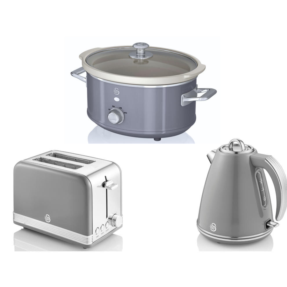 SWAN Retro Grey Jug Kettle 2 Slice Toaster & 3.5L Slow Cooker Set