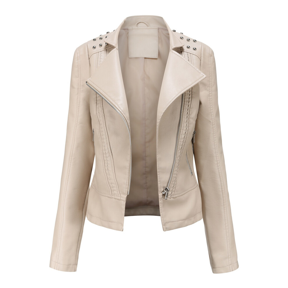 (beige, L) Women Faux Leather Jacket Ladies Classic PU Moto Biker Short Slim Fit Coat