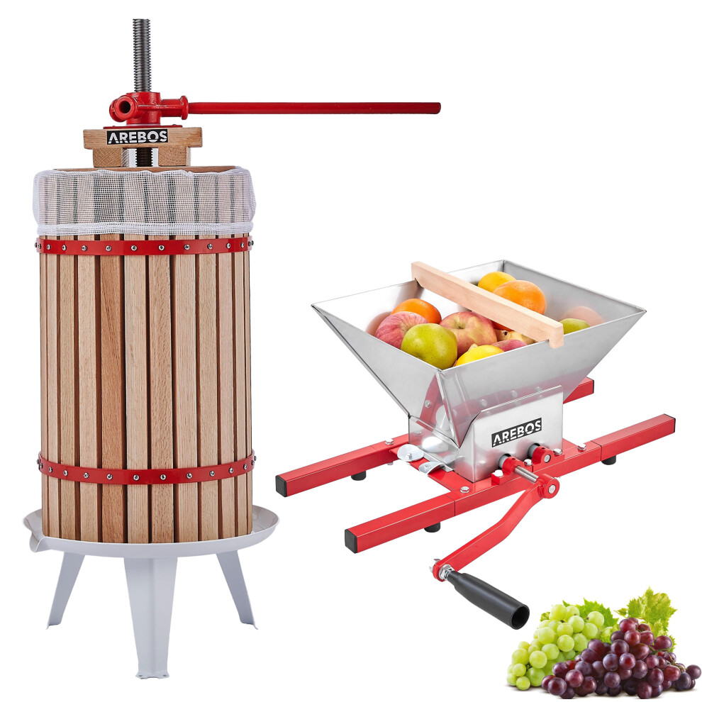 AREBOS Fruit Press 12L & Fruit Mill 7L Manual Juicer I Berry Press Incl. Press Cloth, Pressure Plate & Metal Spindle I For Juice & Vegetables
