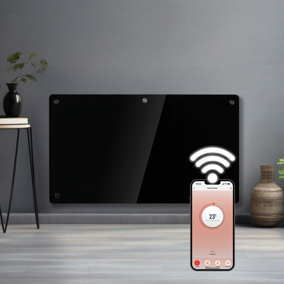 Futura Electric 1500W Wifi Glass Radiator Panel Heater Wall Mounted Or Floor Standing Bathroom Safe, Timer And Thermostat Black