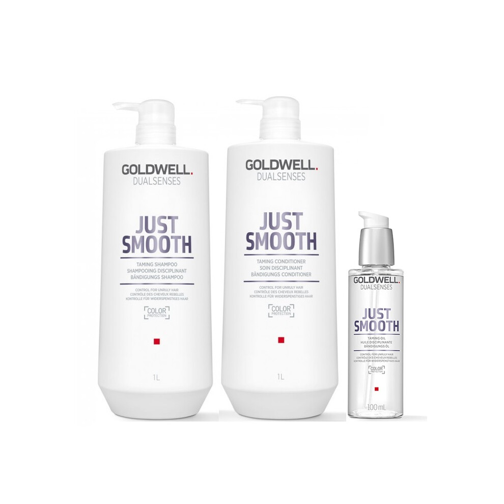 Goldwell Dualsenses Just Smooth Taming Shampoo 1000ml, Conditioner 1000ml and Oil 100ml