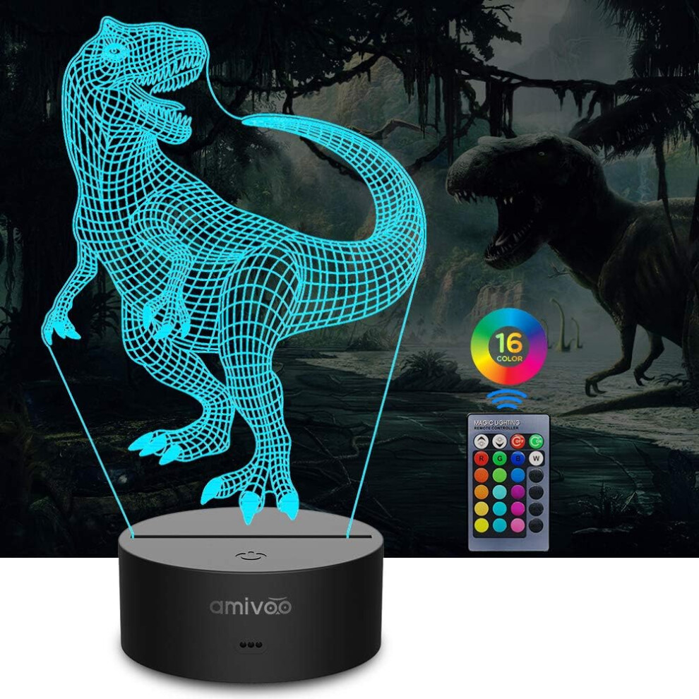 Veeki Dinosaur 3D Night For Kids 16 Colors Changing 3D Optical Illusion Lamp With Smart Touch & Remote Control, Best Gift For Girls Boys Kids (D Light