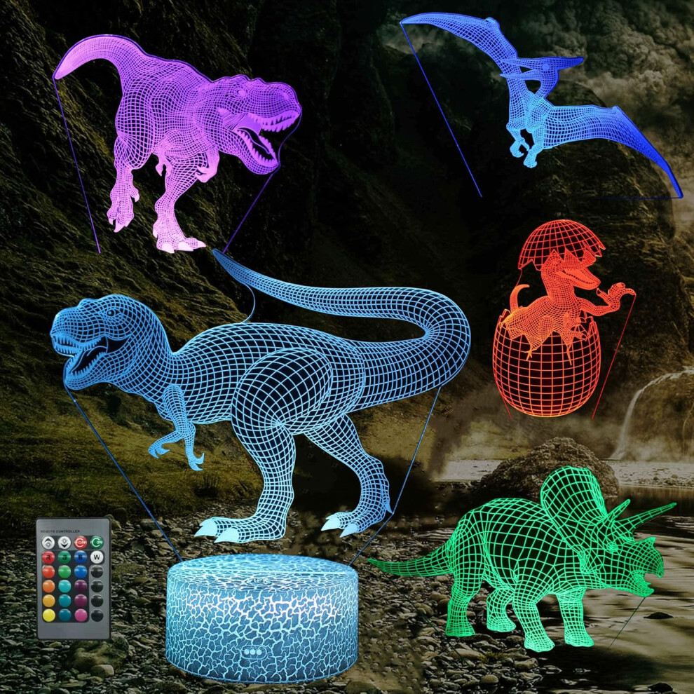 Veeki Dinosaur Night For Kids Bedroom, 3D Illusion Led Lamp, 5 Patterns 16 Colors Changing Dimmable Room Dãcor, Smart Touch & Remote Control, Gi Light