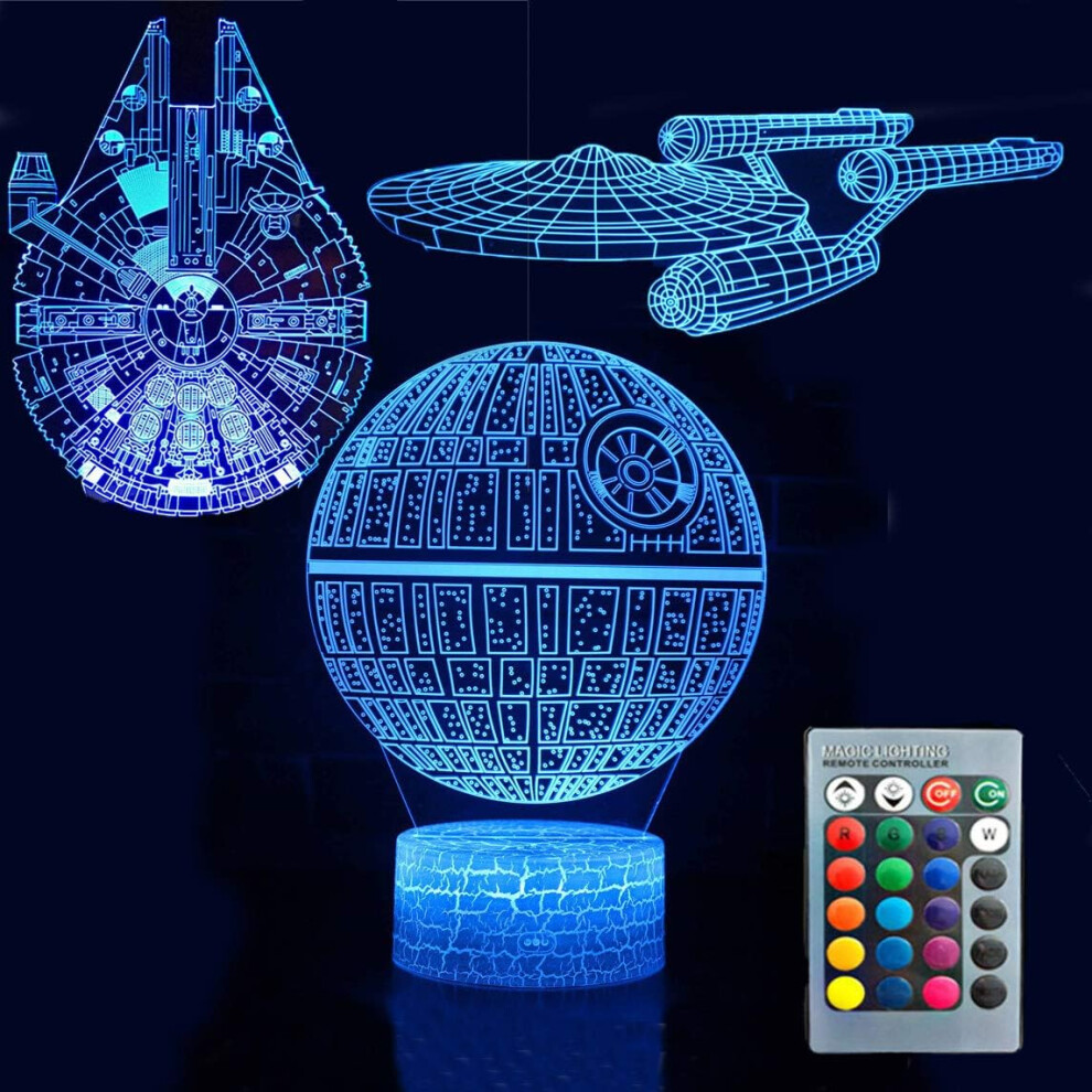 Veeki 3D Illusion Star Wars Night Three Pattern Death Star/Millennium Falcon/Starships Interstellar 7 Color Change Decor Lamp Desk Table Night Light