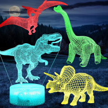 3D Dinosaur Night Light for Boys Room, 4-Patterns and Timing Function, 7 Color Changes & Remote Control, LED Illusion Night Lamp T Rex Dino Toys Gifts