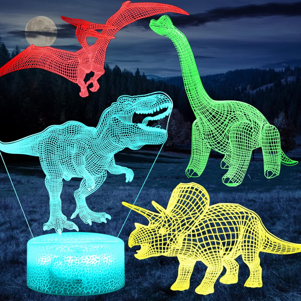 Veeki 3D Dinosaur Night For Boys Room, 4-Patterns And Timing Function, 7 Color Changes & Remote Control, Led Illusion Night Lamp T Rex Dino Toys Gifts Light