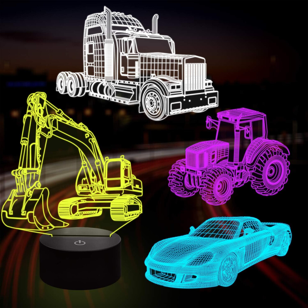 3D Car Lamp Night Light 3D Illusion lamp for Kids,Car,Truck,Tractor,Excavator,16 Colors Changing with Remote,Dimmable(4 Patterns) Kids Bedroom D