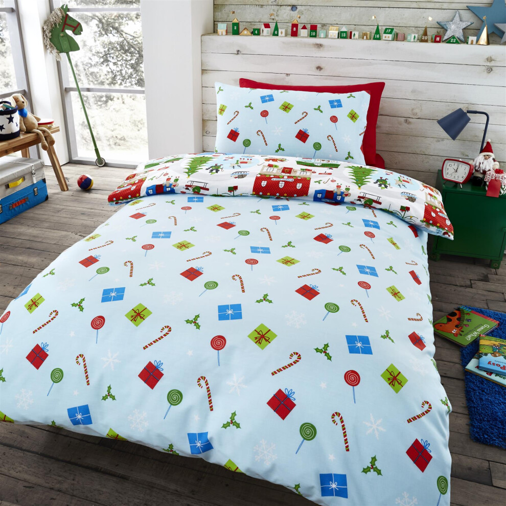 (Single, White) Village Christmas Duvet Cover Set Reversible Bedding Xmas Theme Winter