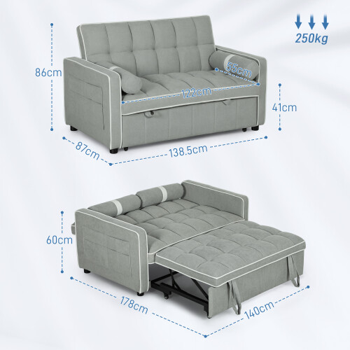 Homcom HOMCOM 2 Seater Pull Out Sofa Bed with Adjustable Backrest, Light Grey 1
