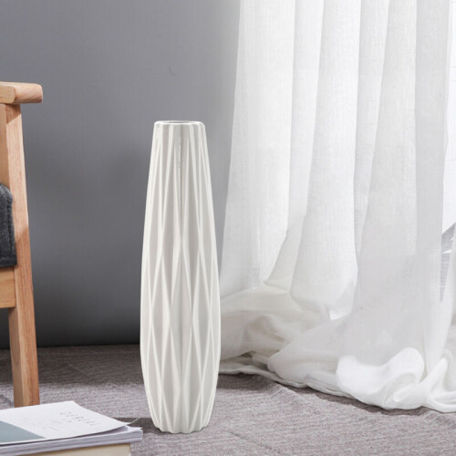 Living And Home Modern Ceramic Flower Pot Embossed Vase Table Ornament Decor White