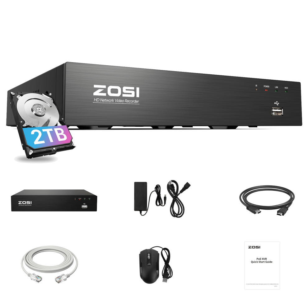 8CH PoE NVR Video Recorder 2TB HDD Work with 5MP/4K ZOSI IP Cameras