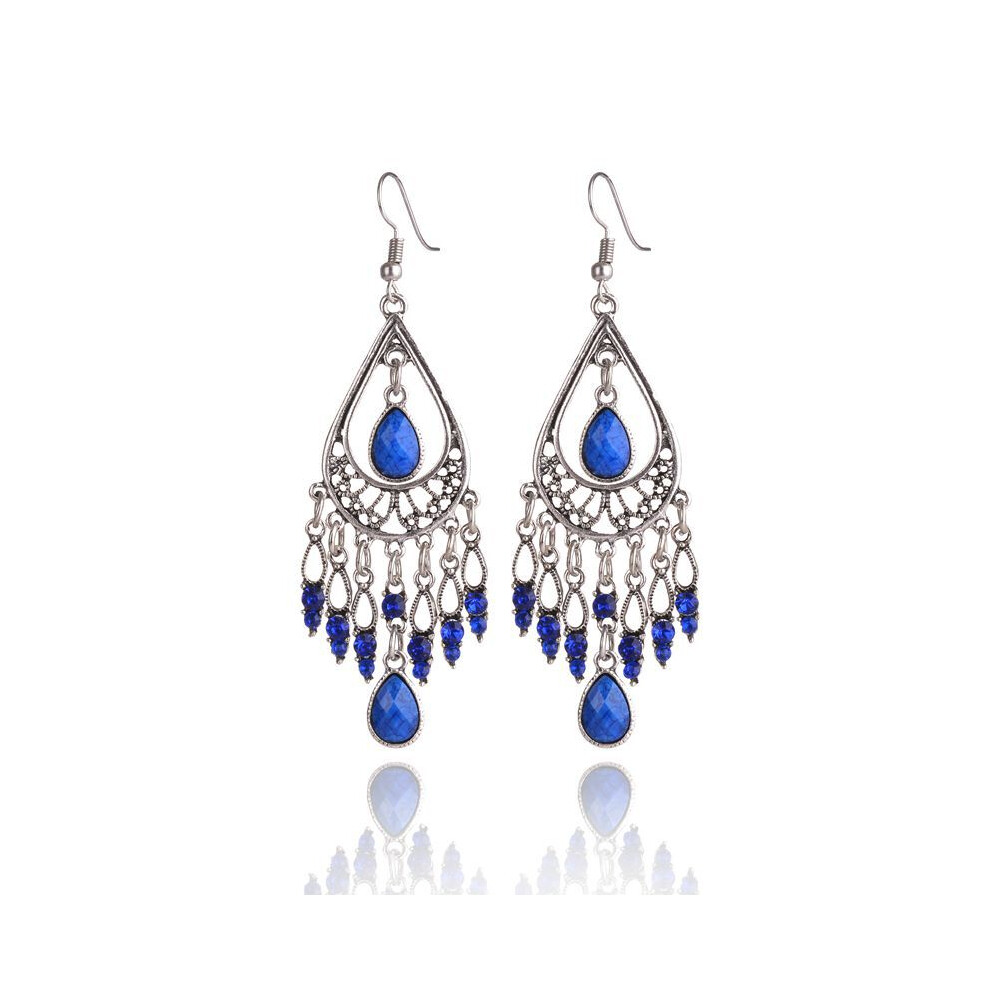(blue) Bohemian Teardrop Tassel Earrings Statement Dangle Jewelry for Women