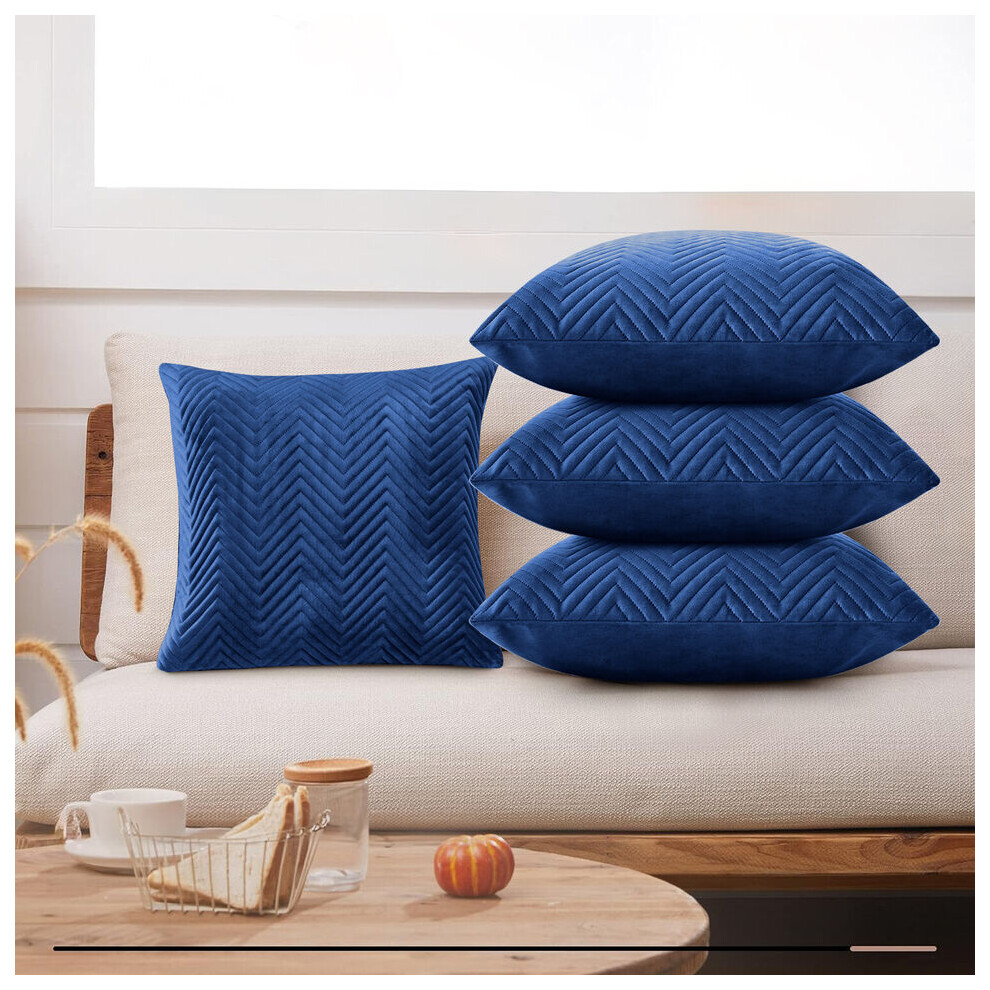 (Navy Blue Embossed, Pack of 4) Velvet Cushion Covers Plain & Stripe Patterned Cushion Covers Set Pack of 2 & 4