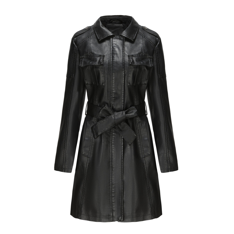 (Black, XL) Womens Fashion Lapel Double Breasted Lambskin Leather Mid Long Jacket Coat