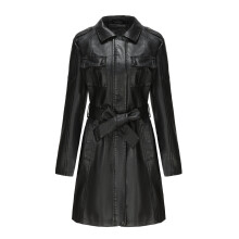 (Black, M) Womens Fashion Lapel Double Breasted Lambskin Leather Mid Long Jacket Coat