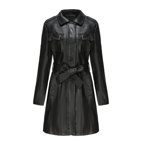 (Black, M) Womens Fashion Lapel Double Breasted Lambskin Leather Mid Long Jacket Coat