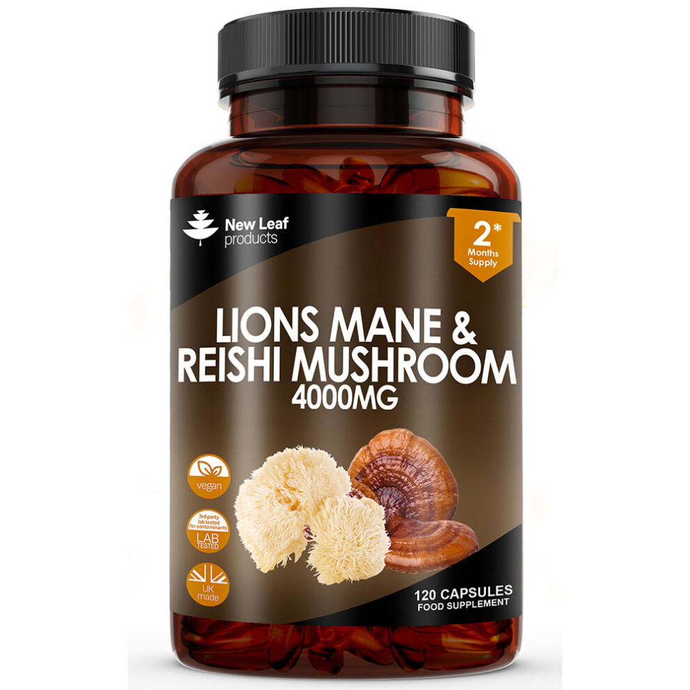 New Leaf Product Lions Mane & Reishi Mushroom Capsules - 120 High Strength 4000Mg Vegan