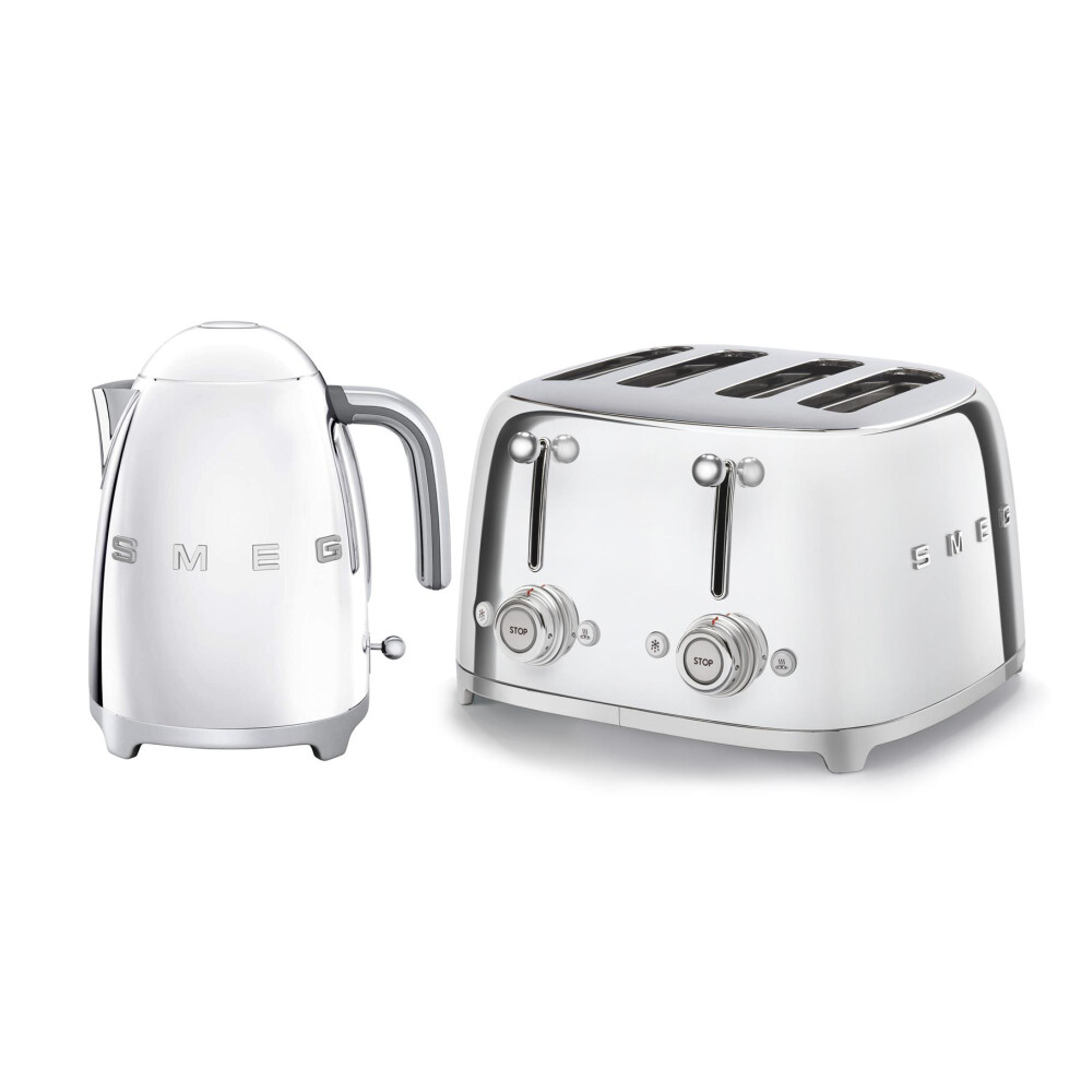 Smeg 50's Style Retro Range Breakfast Set, 1.7L 3000W Kettle and Multi-Functional Control 4-Slice 2000W Toaster, Polished Stainless Steel