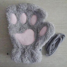 (Grey) Soft Warm Plush Cat Paw Gloves Fingerless Flip Half Finger Mittens Women Winter Cute Cat Paw Fluffy Velvet Glove Girls Students