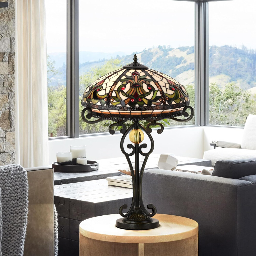 (Real Tiffany Stained Glass) BELOFAY Tiffany Vintage Bedside Table Lamps