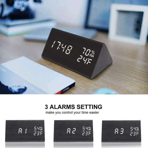 (Black) Digital Alarm Clock, With Wooden Electronic Led Time Display 2