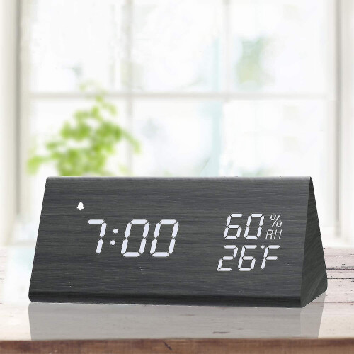 (Black) Digital Alarm Clock, With Wooden Electronic Led Time Display 1