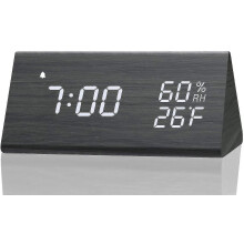 (Black) Digital Alarm Clock, With Wooden Electronic Led Time Display
