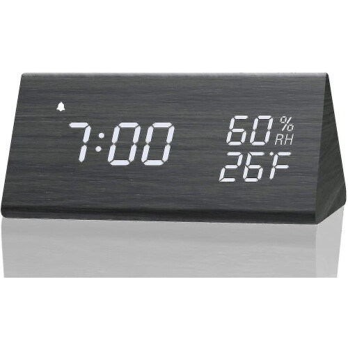 (Black) Digital Alarm Clock, With Wooden Electronic Led Time Display