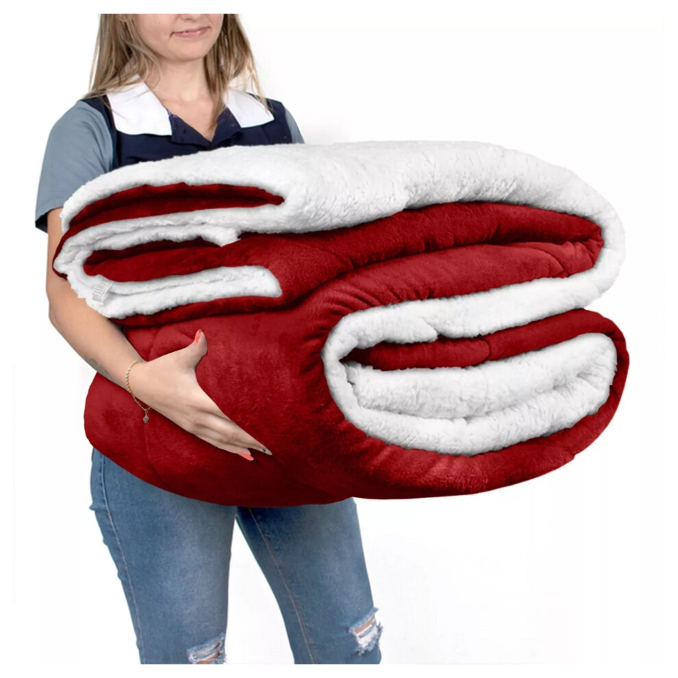 (Double Sherpa Fleece Blanket) Sherpa Fleece Blanket Bed Sofa Throw Red Blankets