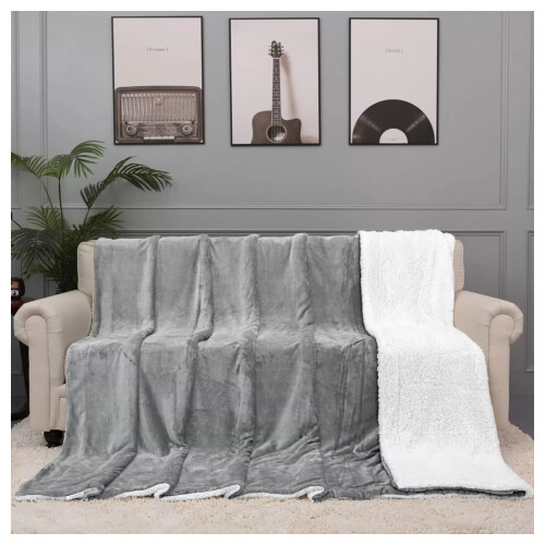 (Single Sherpa Blanket Throw) Silver Blankets Reversible Sherpa Throw Blanket UK 2