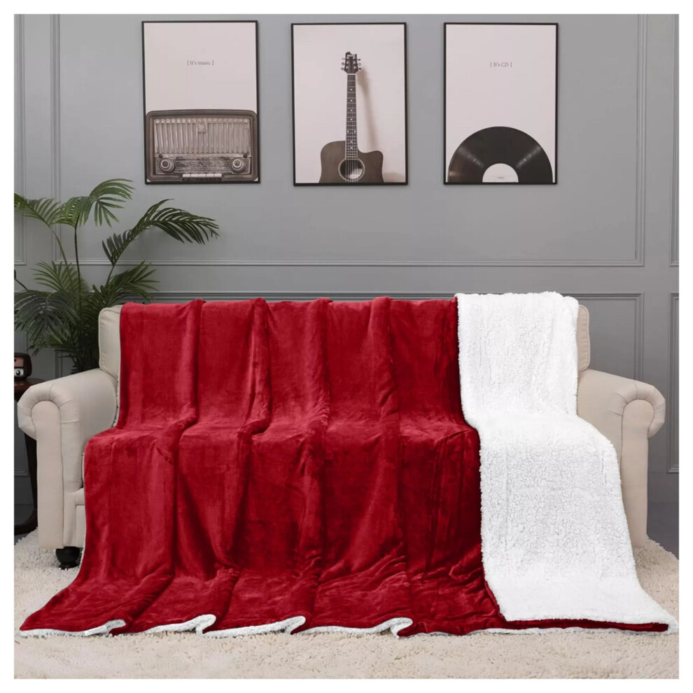 (Super King Sherpa Fleece Blanket) Sherpa Fleece Blanket Bed Sofa Throw Red Blankets