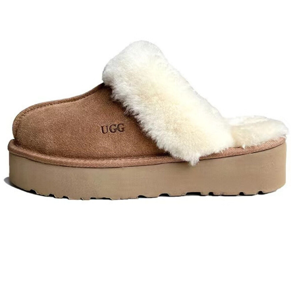 (7 (EUR 38)) 100% Australian Merino Sheepskin Womens Platform Scuffs Moccasins Slippers Winter Slip On UGG in Chestnut