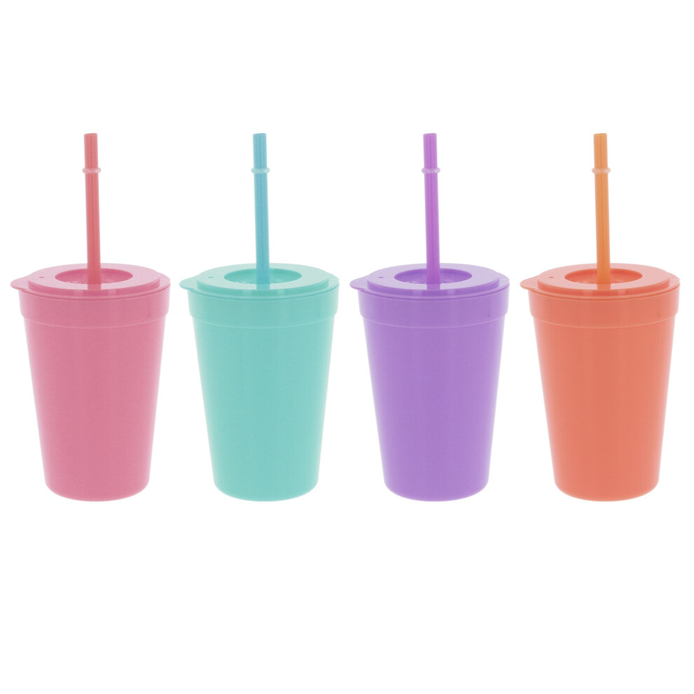 (Kids Tumbler With Lid Straw Plastic Drinking Cold Sippy Cups Reusable 370ml 4PC) Kids Tumbler With Lid Straw Plastic Drinking Cold Sippy Cups Reusabl