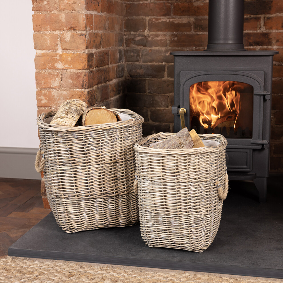 CHARLES BENTLEY Log Baskets, Snug, Set Of Two, Fabric Lined, Wicker Log Baskets, Storage, Handmade, Nesting Rope Handles, Stackable, Practical, Square