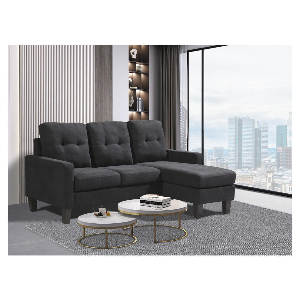 Corner Sofa Fabric Sectional Sofa with Ottoman L-shaped  Black Sofa Couch Reversible 3-Seater