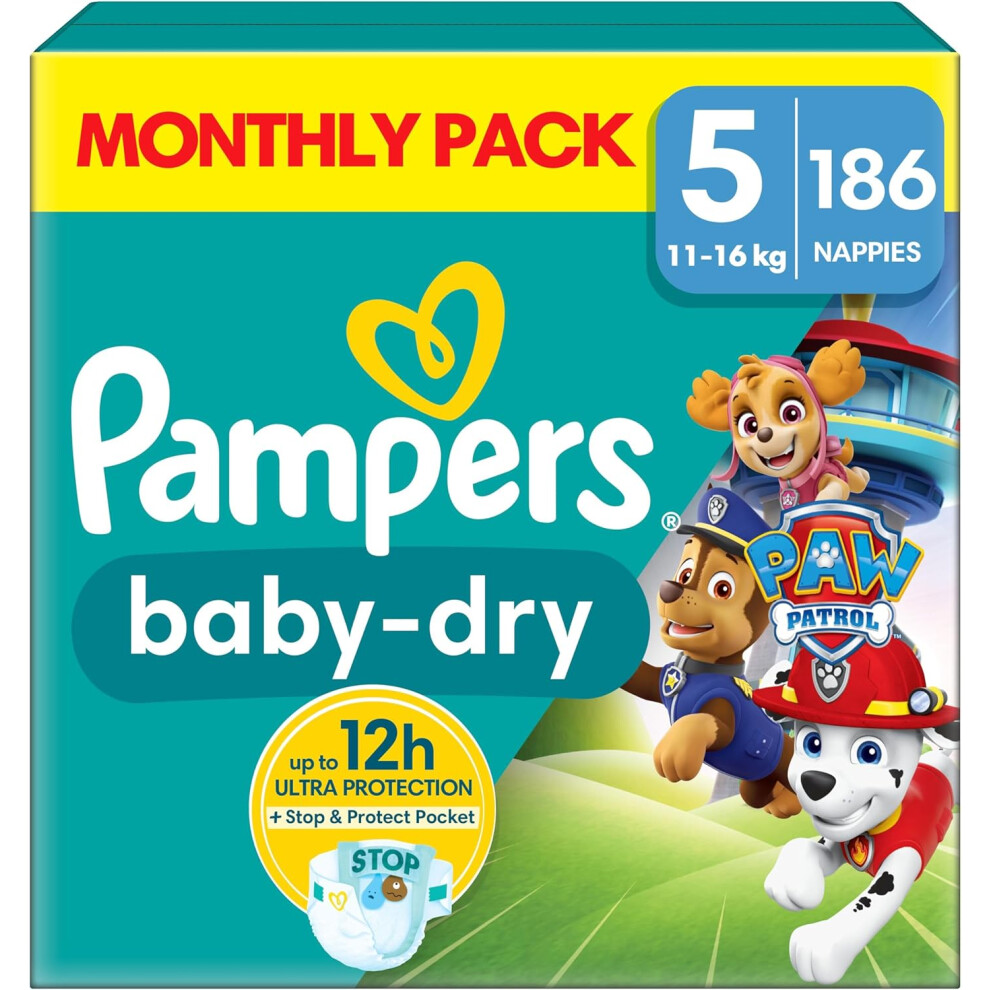 Pampers Baby-Dry Paw Patrol Edition Size 5, 186 Nappies, 11kg - 16kg, Monthly Pack, with A Stop & Protect Pocket to Help Prevent Leaks at The Back