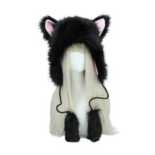 (black pink) Cat Animal Theme Hooded Hats Earflap Caps Winter Soft Fluffy Plush Party Halloween Costume Headwear, Christmas Gift