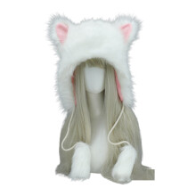 (White pink) Cat Animal Theme Hooded Hats Earflap Caps Winter Soft Fluffy Plush Party Halloween Costume Headwear, Christmas Gift