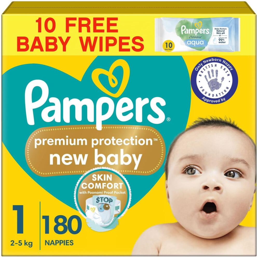 Pampers Premium Protection New Baby Size 1, 180 Nappies, 2kg-5kg, Monthly Pack + Pampers Harmonie Aqua Baby Wipes 10 Count, Packaging May Vary