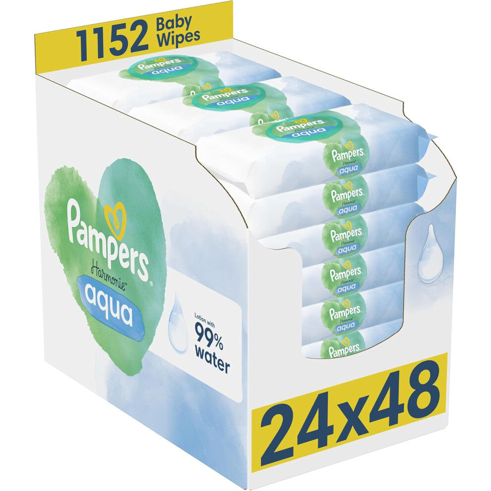 Pampers Harmonie Aqua Baby Wipes 24 Packs of 48 Wipes = 1152 Baby Wet Wipes, Help restore natural skin pH,delicate lotion with 99% water