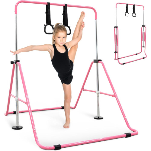 KAYMAN Foldable Gymnastics Horizontal Bar with Hand Protection Wrap, Pink