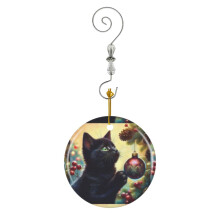 (Cute Black Kitten Christmas Bauble_1019) Christmas Ornaments Ceramic with Crystal Hook Xmas Handmade Tree Decorations Keepsake Gifts Stocking Stuffer