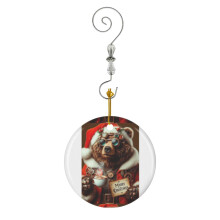 (Christmas Steampunk Brown Bear With Hot Chocolate_2224) Christmas Ornaments Ceramic with Crystal Hook Xmas Handmade Tree Decorations Keepsake Gifts Stocking Stuffer