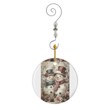 (Christmas Beige Snowmen Illustration_9624) Christmas Ornaments Ceramic with Crystal Hook Xmas Handmade Tree Decorations Keepsake Gifts Stocking Stuffer