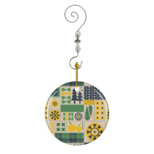 (Winter Holiday Quilt - Yellow, Navy, Green, Cream Beige_5676) Christmas Ornaments Ceramic with Crystal Hook Xmas Handmade Tree Decorations Keepsake Gifts Stocking Stuffer