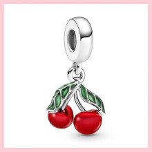Cherries Red heart leaf dangle charm for women Genuine S925 Silver
