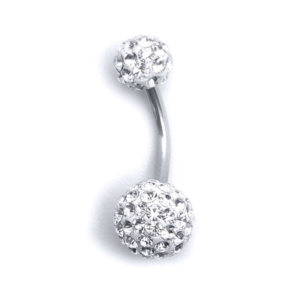 Jewelco London Sterling Silver White Crystal Disco Ball Banana Belly Bar 6mm 8mm - GBB1