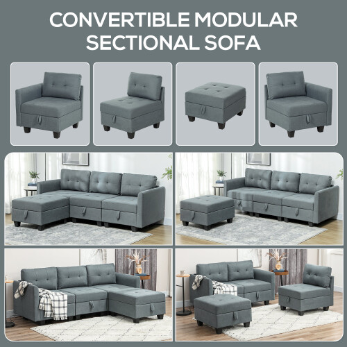 Homcom HOMCOM Convertible Modular Sectional Sofa w/ Storage Wood Frame Dark Grey 2