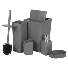 (Grey) 5 Pcs Bathroom Set Bin Soap Dispenser Toothbrush Holder Soap Dispenser WC Brush